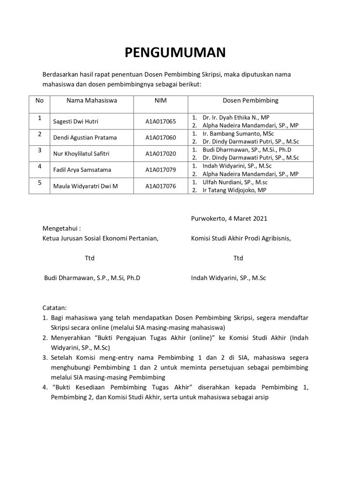 Penentuan Dosen Pembimbing Skripsi – Sosial Ekonomi Pertanian